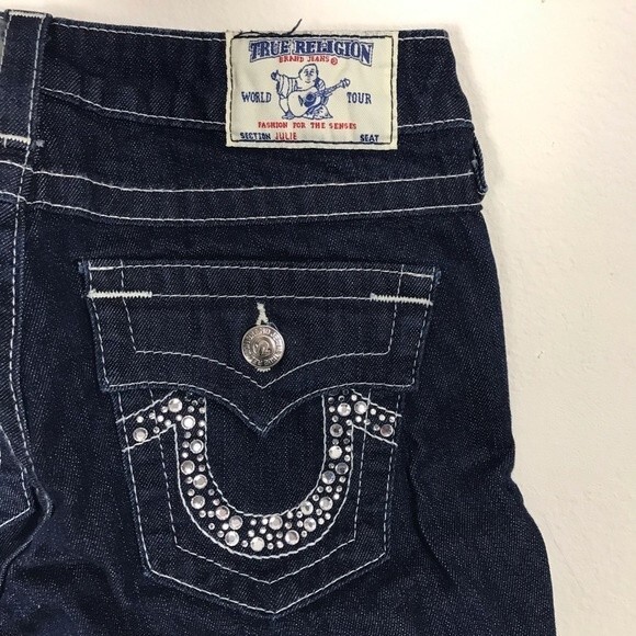 True Religion World Tour Julie Dark Wash Jeans- Jeweled Back Pockets- Size 27 - Picture 8 of 8